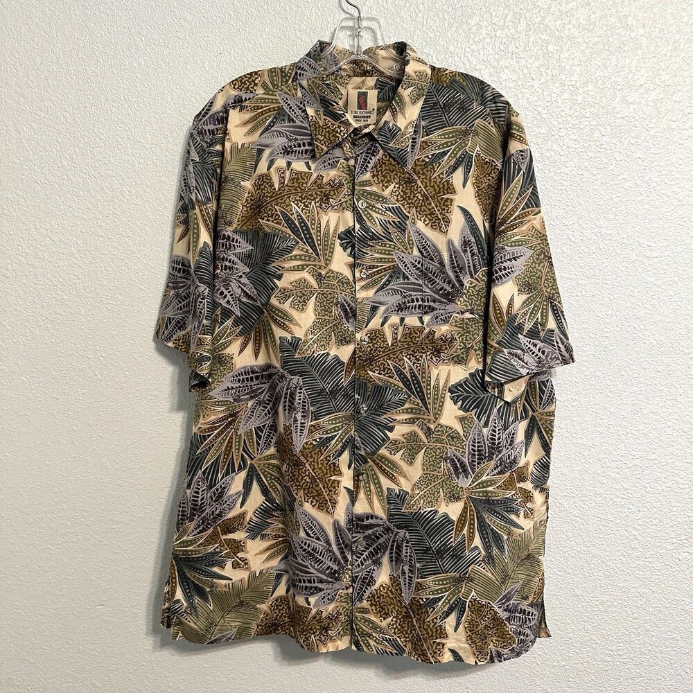 Tori Richard Hawaiian Shirt Men Size Large Aloha Cotton Lawn Floral Palm Print